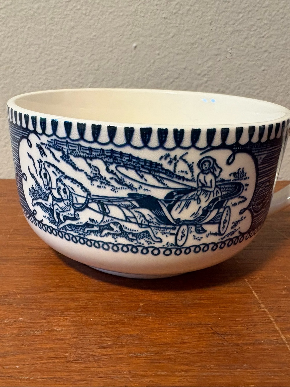 Lot of 3 Vintage Currier & Ives Transferware Woman with horses and buggy cup